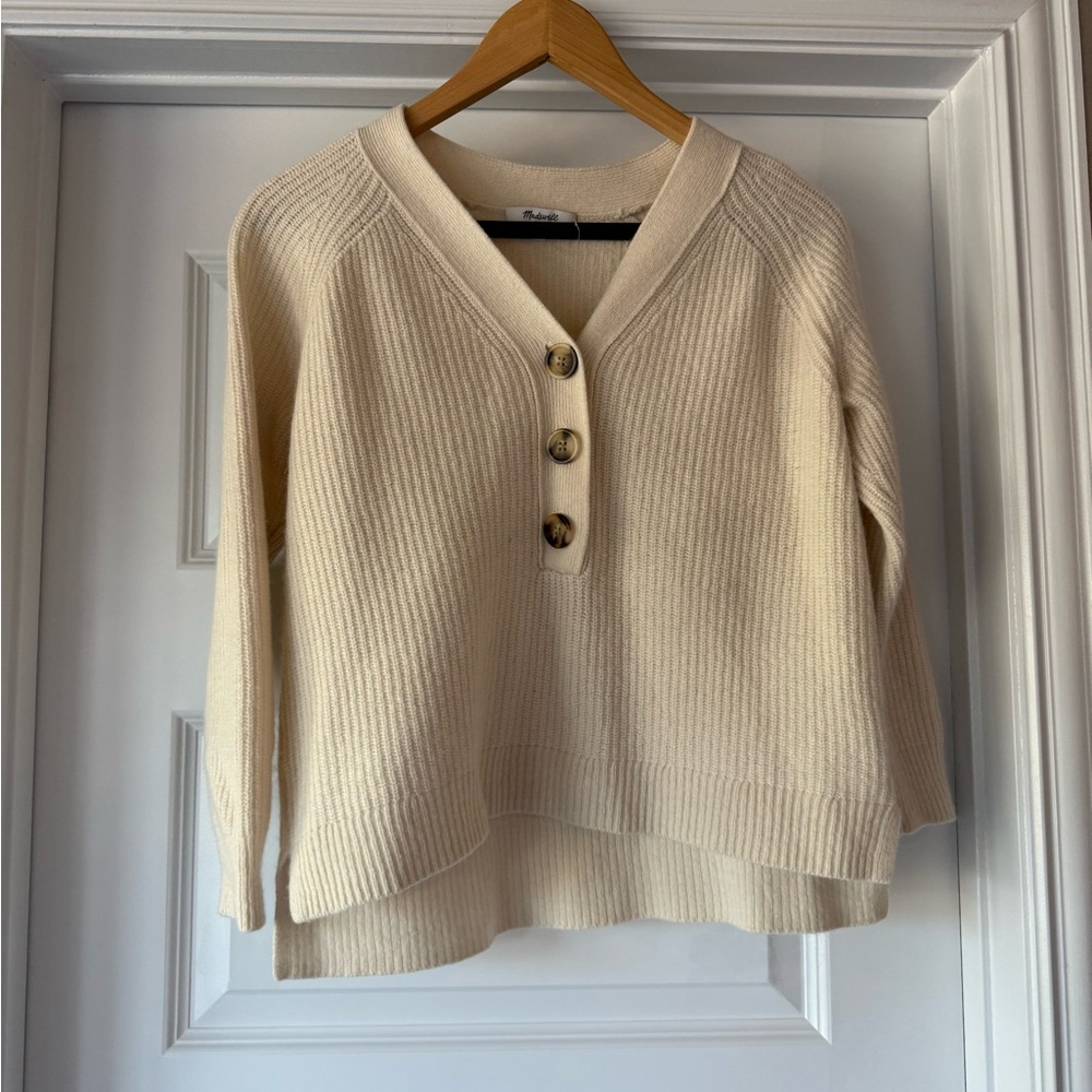 Madewell Cream V-Neck Sweater with Buttons